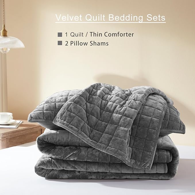 LEAONME Velvet Quilt King Size-98''x106'', Lightweight Grey Velvet Comforter Set - Image 5