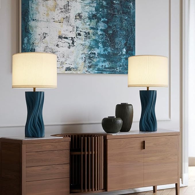 Modern Plug in Textured Table Lamps 21.5In Blue Ceramic Table Lamp Bedroom - Image 2