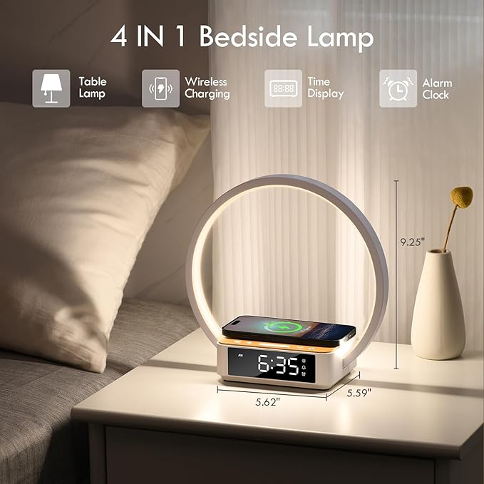 WILIT Bedside Lamp with Alarm Clock, Touch Lamp with Wireless Charger, - Image 3