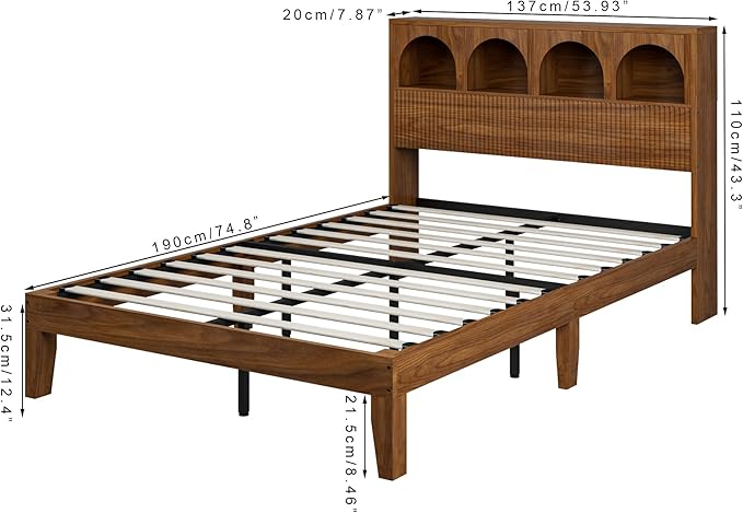 Full Bed Frame with Wave Headboard, Storage Headboard with 4 Arched Storage - Image 2