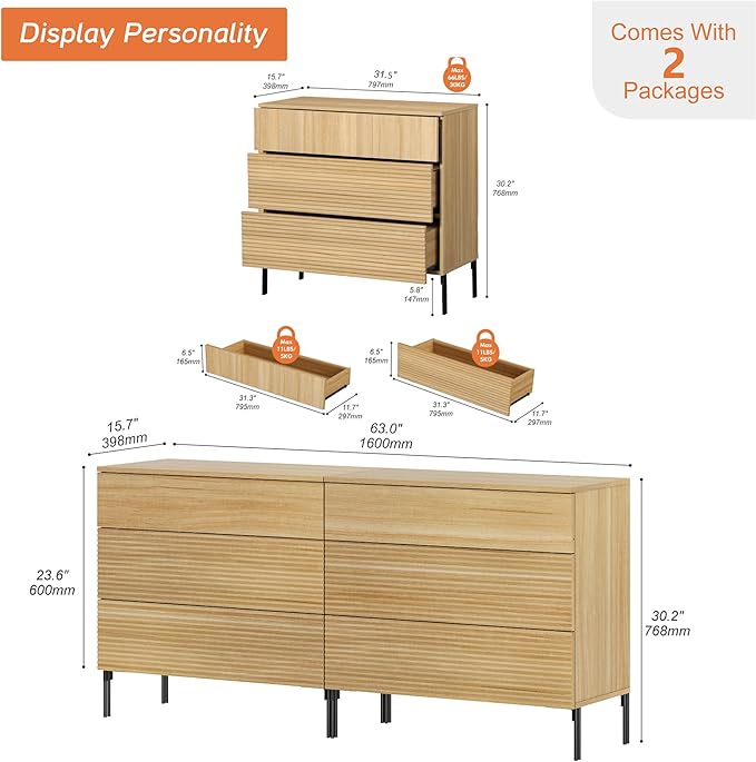 WAMPAT 63" W Fluted Dresser for Bedroom, 2 in 1 Modern 6 Drawer Dresser TV Stand - Image 2