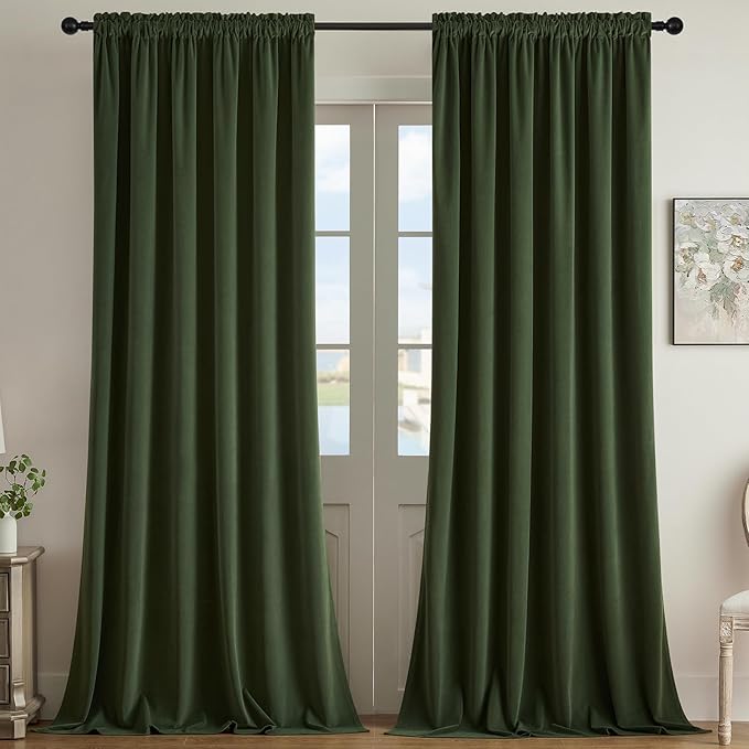 Joydeco Olive Green Velvet Curtains 102 inch Length 2 Panels, Luxury Blackout by JOYDECO