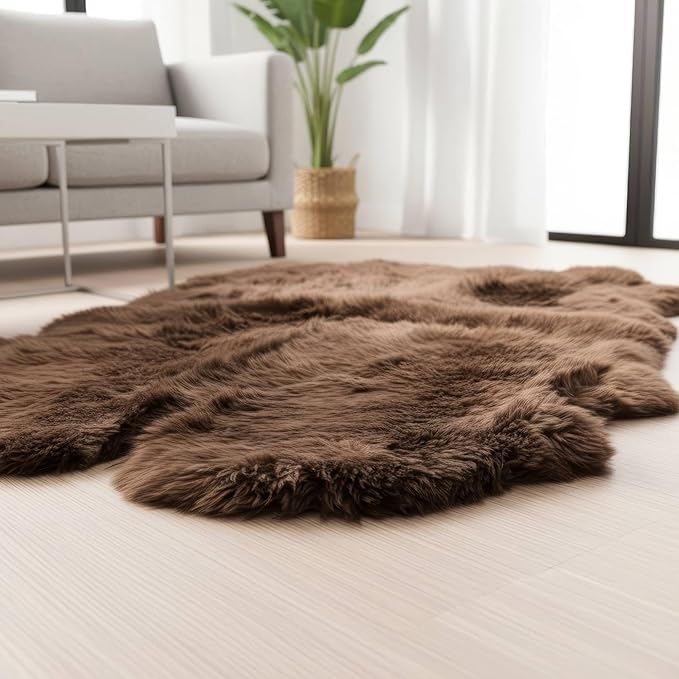 Genuine Dark Brown Sheepskin Rug, Real Fluffy Quad Pelt 4x6 ft Fur Area Rug - Image 7