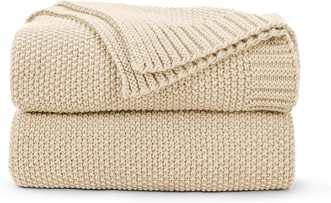 CozeCube Beige Throw Blanket for Couch, Soft Cozy Cable Knit Throw for Bed Sofa by CozeCube