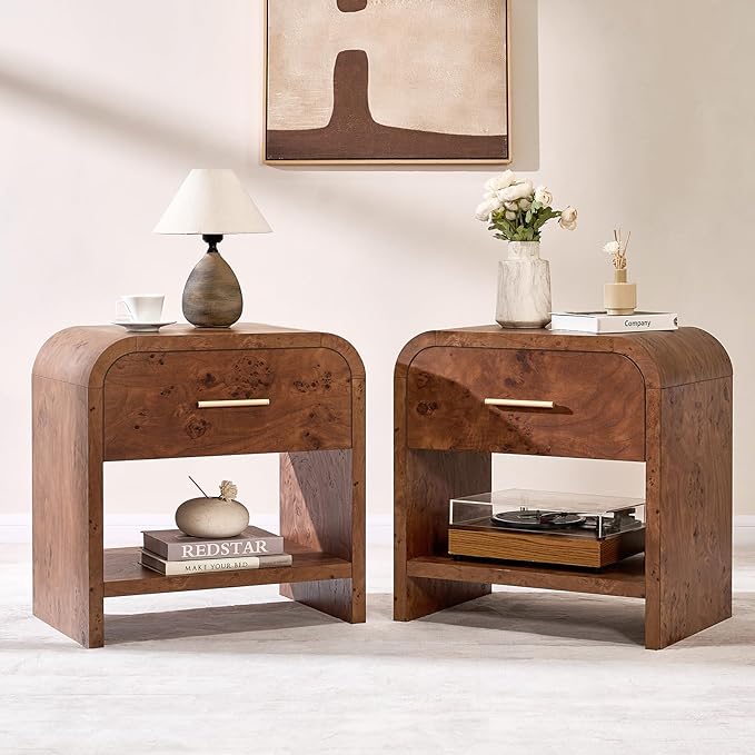 Night Stand Set of 2 1-Drawer and 1 Storage Shelf Nightstand 24" H Metal Handle - Image 9
