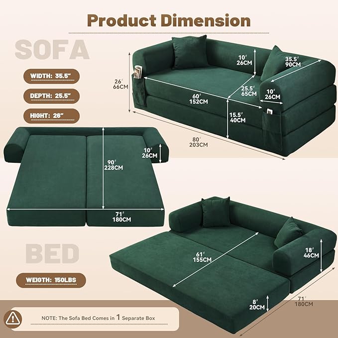 Convertible Futon Sofa Bed, Queen Sleeper Sofa Bed, Compressed Couch in a Box - Image 2