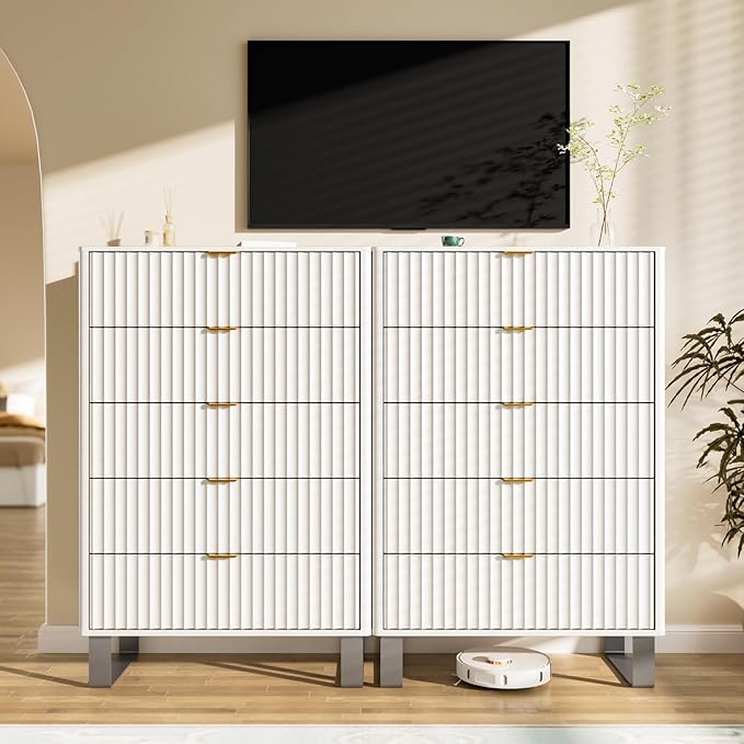 Fluted 5 Drawers Dresser, Wood Storage Organizers - Image 4