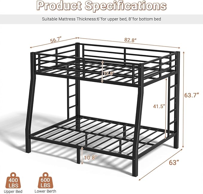 Full XL Over Queen Bunk Bed Frame, Heavy Duty Metal Loft Bed - Image 2