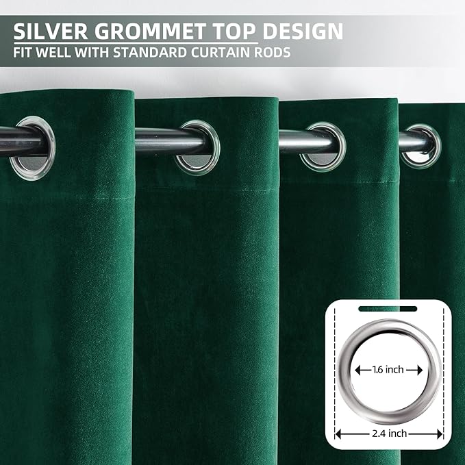 Joydeco Dark Green Velvet Curtains 84 Inches Length, Grommet Curtains 2 Panels - Image 3