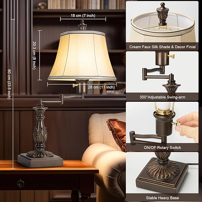 Scenekoy 23.5" High Rustic Traditional 350° Adjustable Swing Arm Table Lamp Set - Image 2