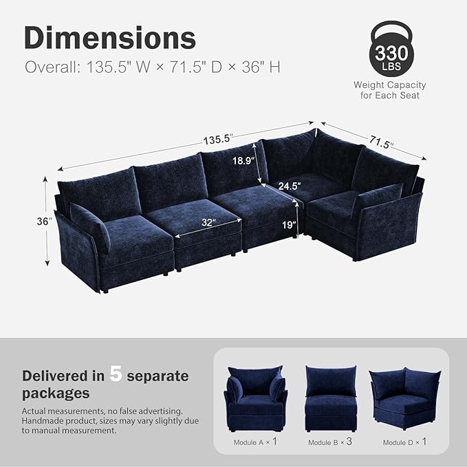 ABCASA 135.5" Oversized Modular Sectional Sofa, L Shaped Convertible Couch - Image 2
