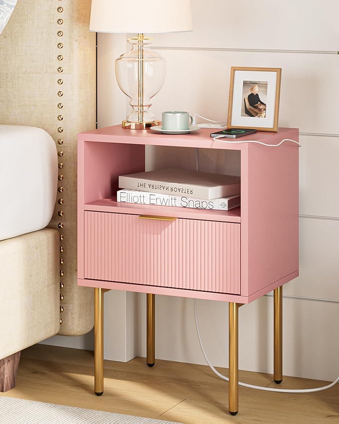 Masupu Nightstand with Charging Station, Mid-Century Modern Bedside Table with by Masupu