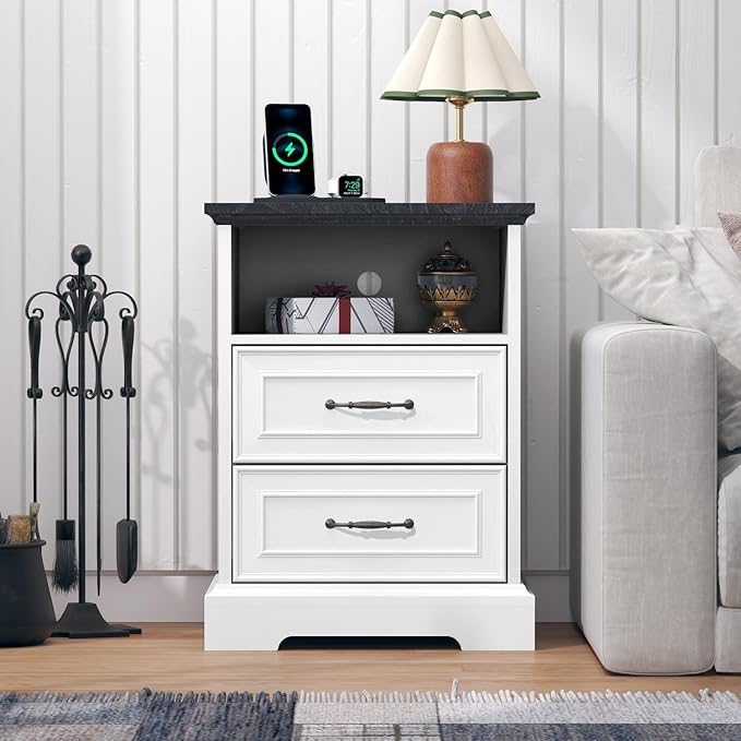 Nightstand with Charging Station Set of 2, Rustic Farmhouse Wood Small Dresser - Image 3