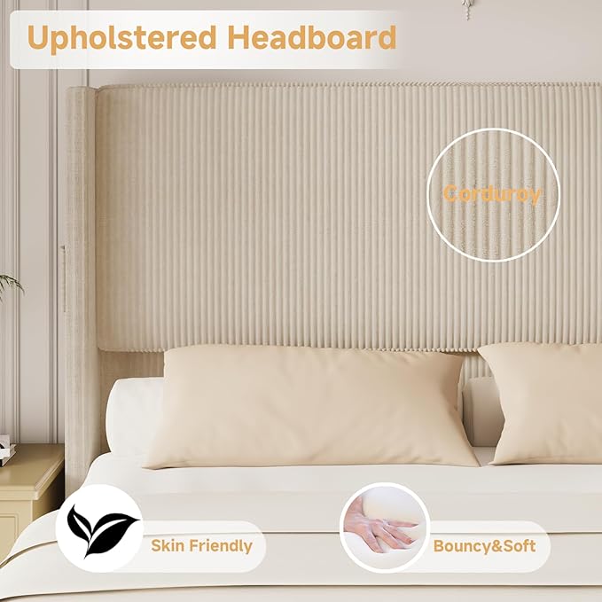 Queen Size Bed Frame with Headboard, Upholstered Platform Bed with Tall - Image 3