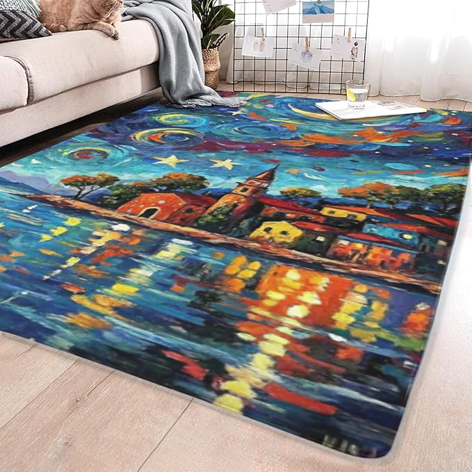 Machine Washable 5' x 7' Seaside Villages and Churches Area Rug, Bule Floor mat - Image 4