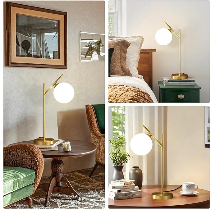 Mid Century Modern Table Lamp, 1 Light Brass Glass Globe Bedside Lamp, - Image 6