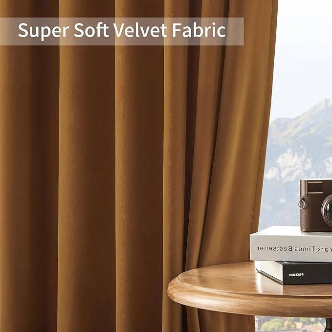 Joydeco Camel Brown Velvet Curtains 96 inch Length 2 Panels, Luxury Blackout - Image 7