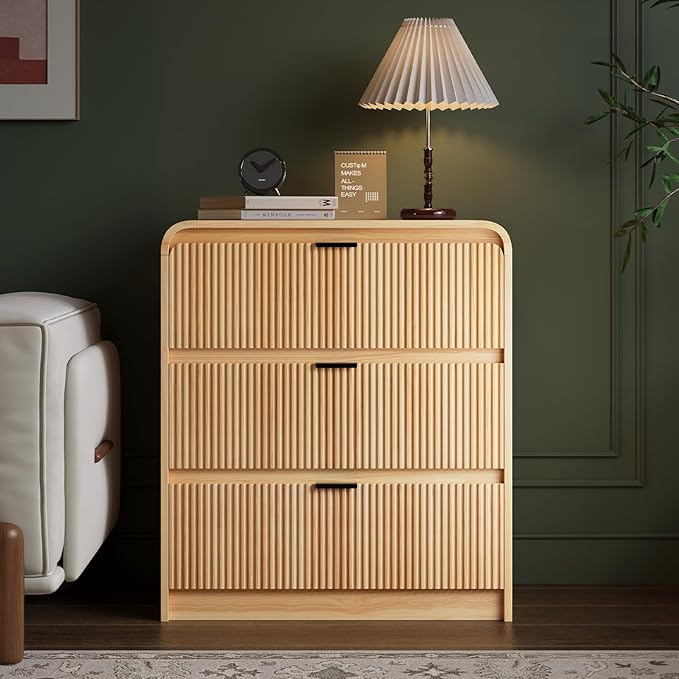 FURSUN 32" Tall Fluted Nightstand, 3 Drawers Wooden End Table w/Storage by FURSUN