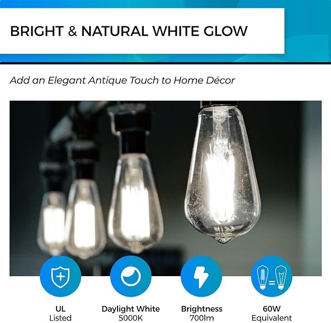 Hizashi LED Edison Bulbs, Equivalent 60W, Dimmable E26 LED Bulb, Daylight 5000K - Image 3