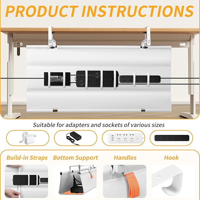 No Drill Under Desk Cable Management Tray, Fabric Cable Management - Image 5