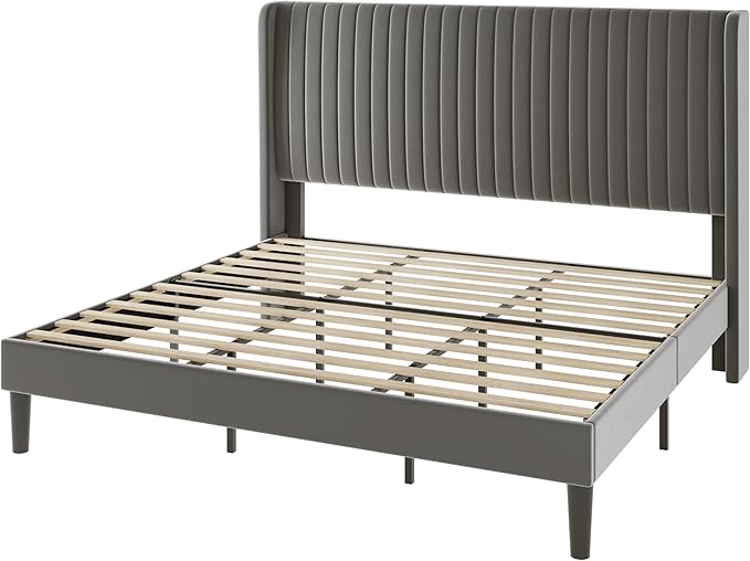 Allewie King Size Velvet Bed Frame/Vertical Channel Tufted Wingback - Image 9