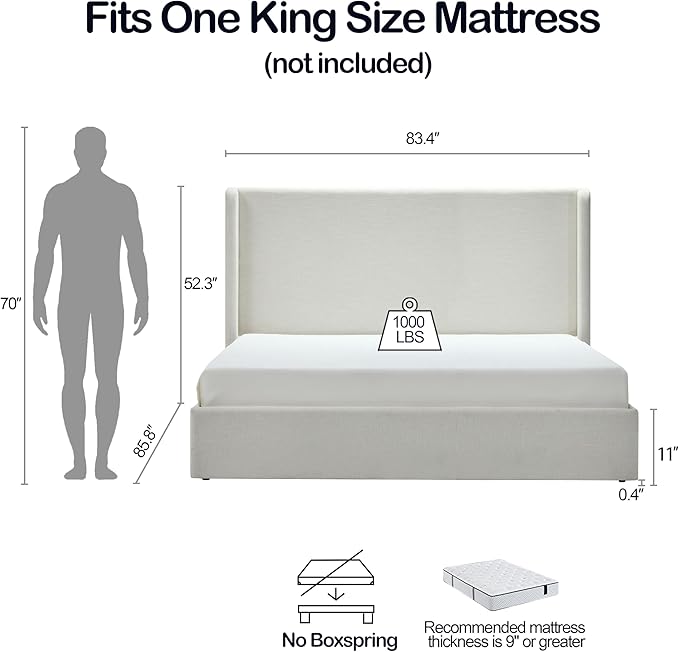 King Size Upholstered Bed Frame, Harper 54" Tall Headboard Platform Beds - Image 2