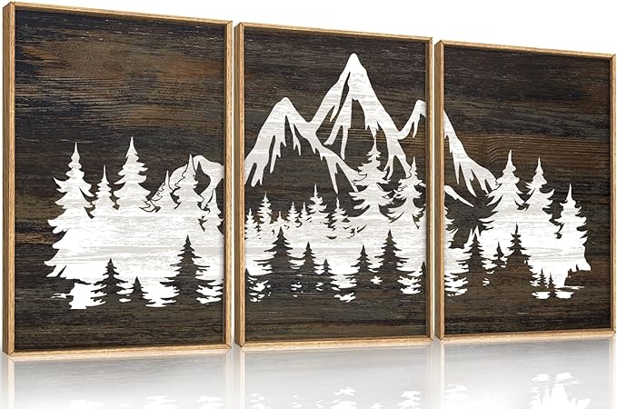 LHIUEM Large Mountain Tree Framed Canvas Wall Art Set, Modern White Forest Art by LHIUEM