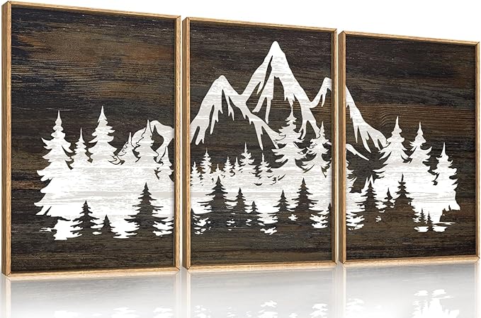 LHIUEM Large Mountain Tree Framed Canvas Wall Art Set, Modern White Forest Art by LHIUEM