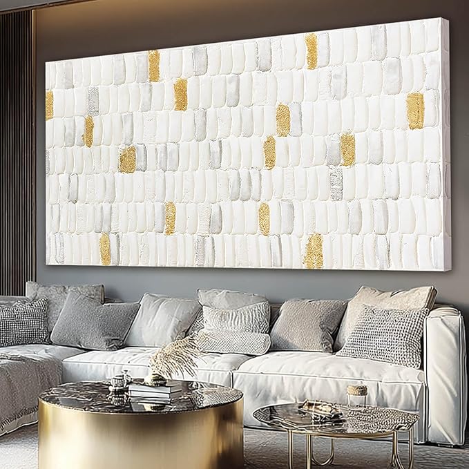 YETHEN WAL White and Gold Textured Wall Art 29x58, Hand-Painted Neutral - Image 7