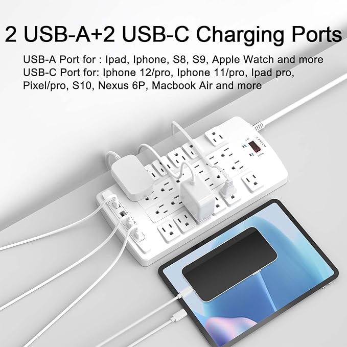 QINLIANF Surge Protector Power Strip - 10Ft Flat Plug Heavy Duty Extension Cord - Image 3