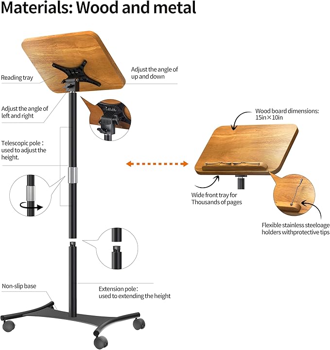 NAMON Rolling Floor Book Stand for Reading, 100% Solid Wood, Height Adjustable - Image 7