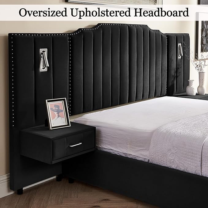 Luxury Queen Bed Frame with Headboard and Storage, Velvet Fabric Upholstered - Image 5