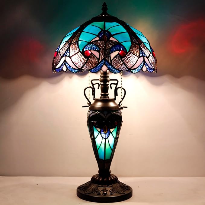 WERFACTORY Tiffany Style Table Lamp Green Stained Glass Liaison Lamp 12X12X22 - Image 2