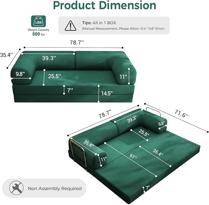 4-in-1 Folding Convertible Sofa Bed, 78 Inch Boneless Couch - Image 2