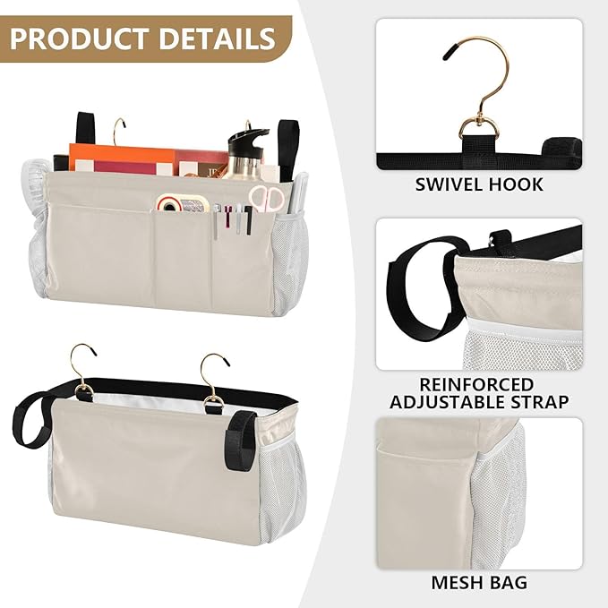 KOPIRIT Beige Bedside Caddy Storage Bag Bedside Organizer - Image 5