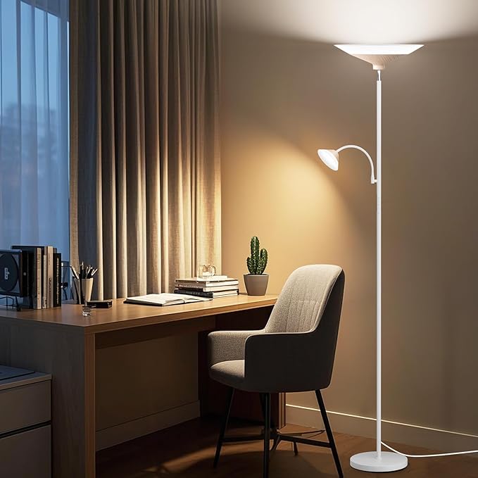 Torchiere Floor Lamp with Wood Grain Shade, 2-in-1 Floor Reading Lamp with - Image 7