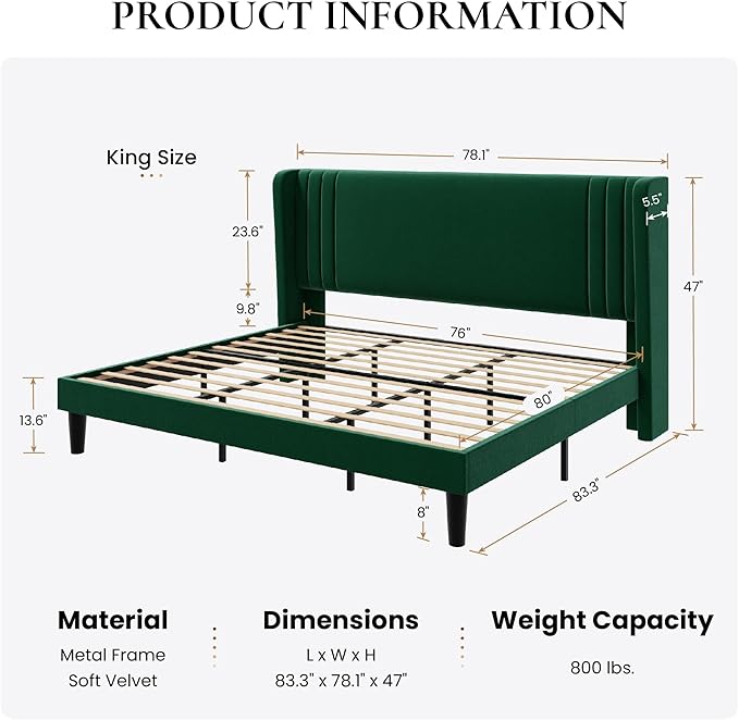 SHA CERLIN King Size Velvet Upholstered Platform Bed Frame - Image 2