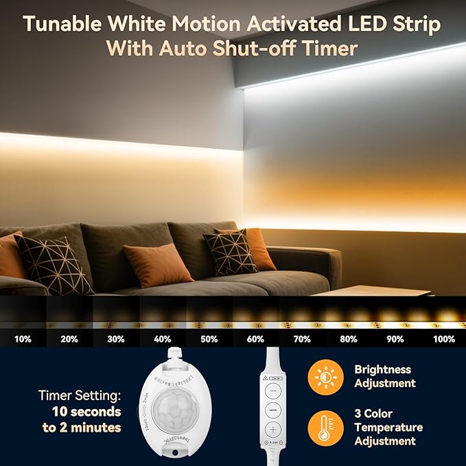 Motion Sensor Under Bed Lights, 2x6.56ft 3000K-6500K White Motion Activtaed LED - Image 3