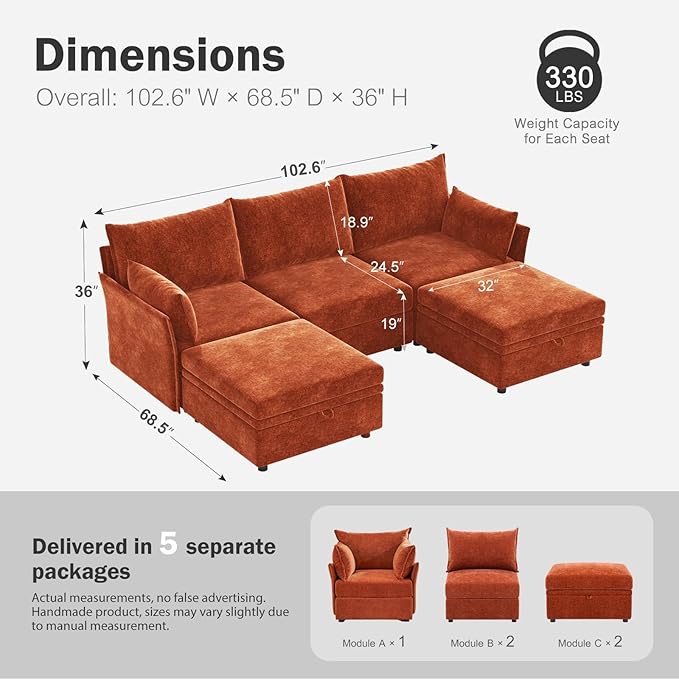 ABCASA 102.6" U Shaped Modular Sectional Sofa, 5 Seater Couch - Image 2