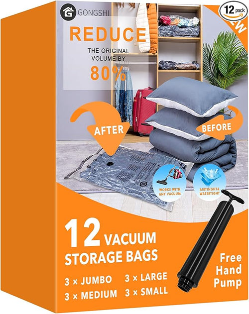 12 Pack Vacuum Storage Bags, Plastic Packaging Bags, Space Saver Sealer by GONGSHI