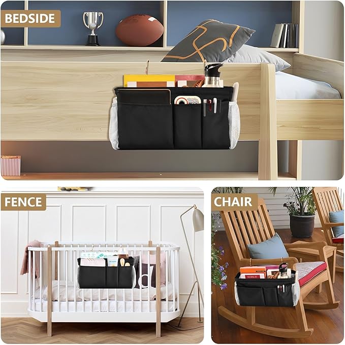 KOPIRIT Black Bedside Caddy Storage Bag Bedside Organizer - Image 8