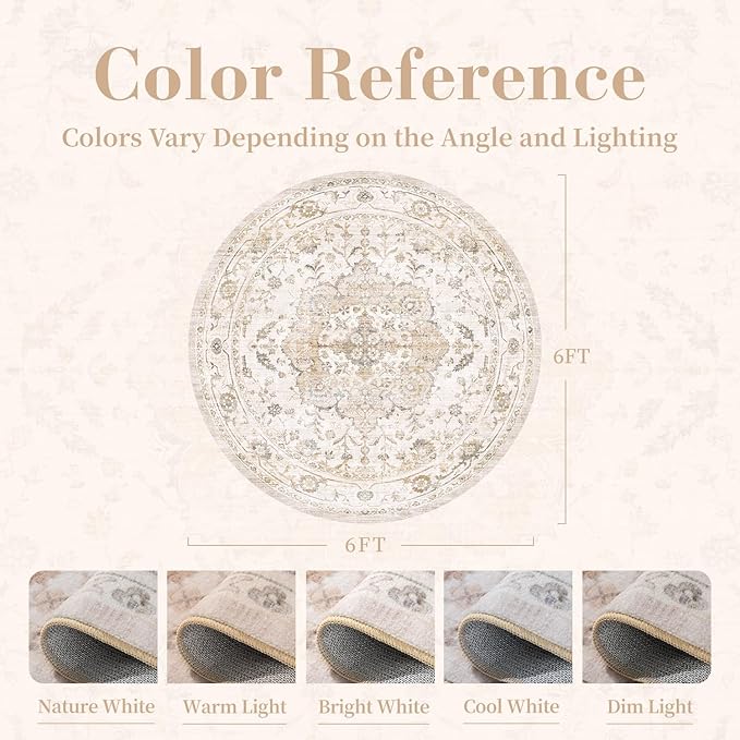 PADOOR 6FT Round Rug, Rugs for Living Room, Soft Beige Circle Rug, Machine - Image 2