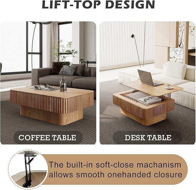 Lift Coffee Table with Storage & Adjustable Height, Solid Wood Coffee Table - Image 4