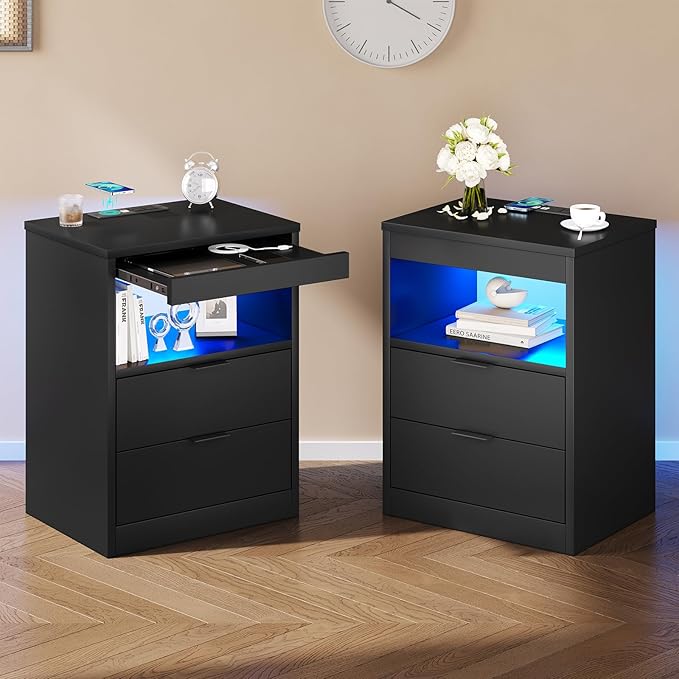 Tiptiper Black Nightstand Set of 2, LED Nightstand by Tiptiper