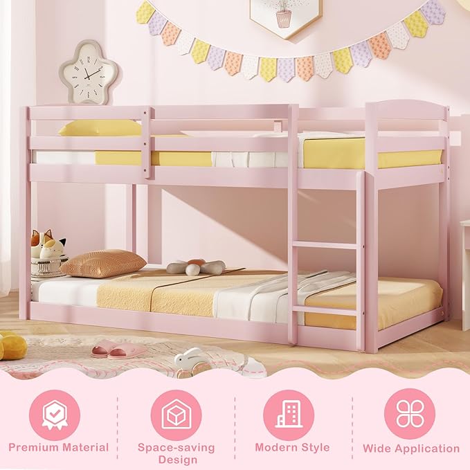 KOMFOTT Low Bunk Bed Twin Over Twin, Solid Wood Twin Bed Frame - Image 8