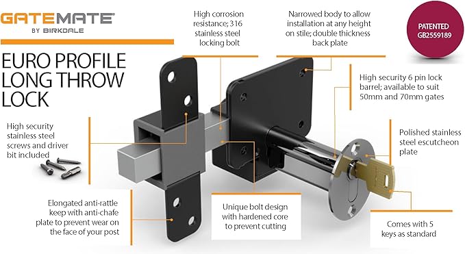 Gatemate 1490116 Euro Single Long Throw Lock - Image 6