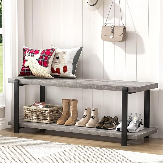 FOLUBAN Entryway Bench, Vintage Wood and Metal Shoe Bench - Image 3