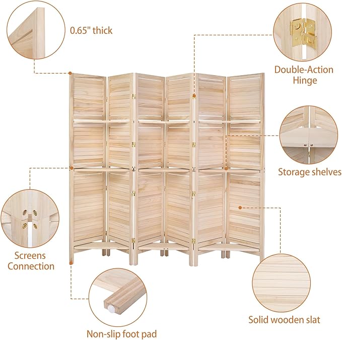 Bonnlo Wood Room Divider Privacy Screen, 5.9 Ft Tall Folding Partition Wall - Image 4