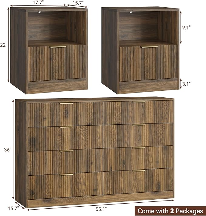 8 Drawer Dresser & Nightstand Set 3-Piece, 55” Wide Bedroom Dresser Set Night - Image 2