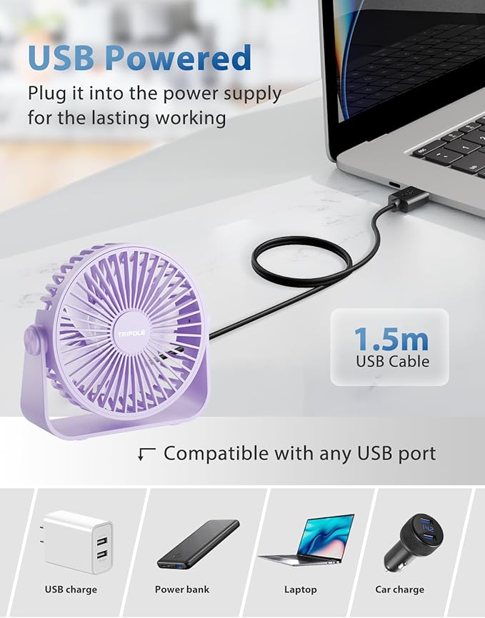 TriPole USB Desk Fan Portable Mini Fan Powerful 3 Speeds Wind Personal Desktop - Image 3